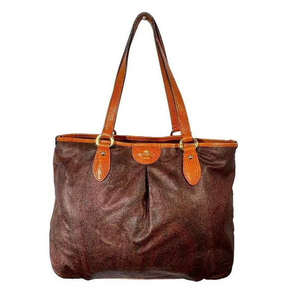 Etro Tote Shoulder Bag Leather Trim Authentic Paisley Jacquard Fabric w Serial# - Picture 1 of 14